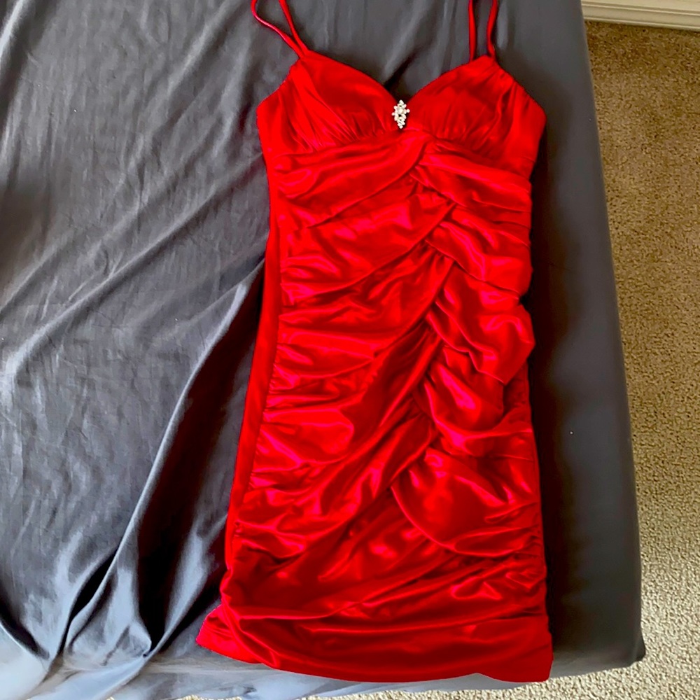 Red satin ruched cocktail mini dress